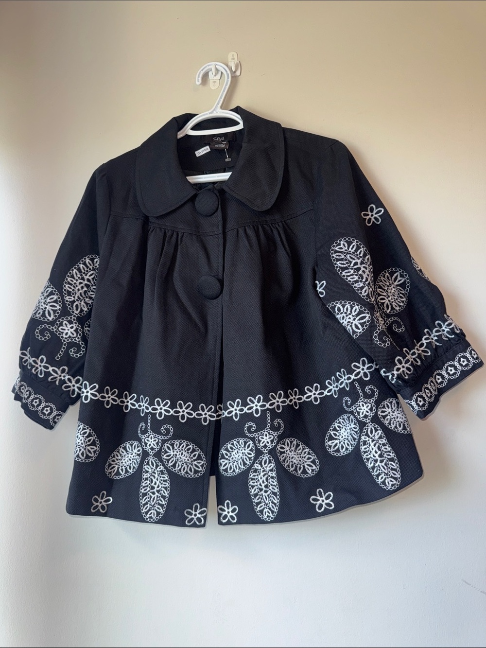 Luii Black Pea Coat with White Floral Embroidery